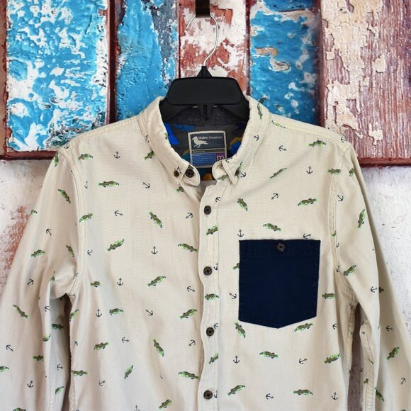 Men's Modern Amusement Shirt Fish Print Long Sleeve Button Up Pocket MEDIUM Beig - Picture 2 of 11